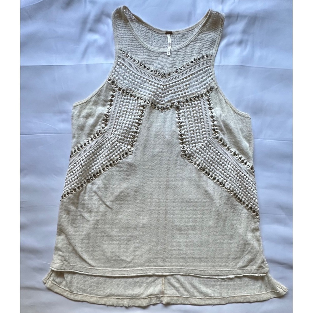 Free People Crochet Beaded Boho Tank Top Cream Ivory Sleeveless Knit Women M